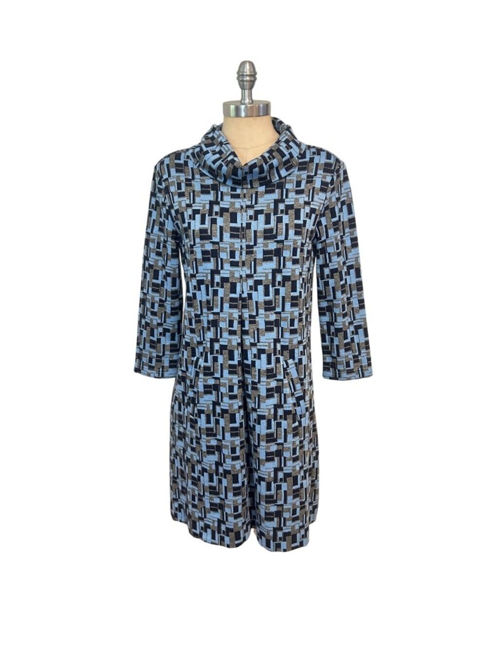 Tyler Böe Geometric Print Tunic Dress 3/4 Sleeves Blue/Gold/Black Small